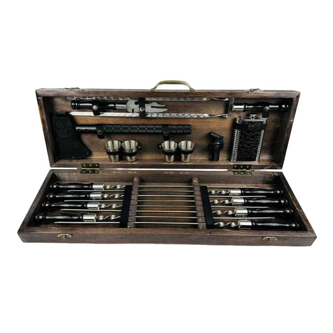 Набір шампурів у кейсі Блек LUX люксовий на шкіряних ременях дерев'яний з нержавіючої сталі (2-10-KS-7909)