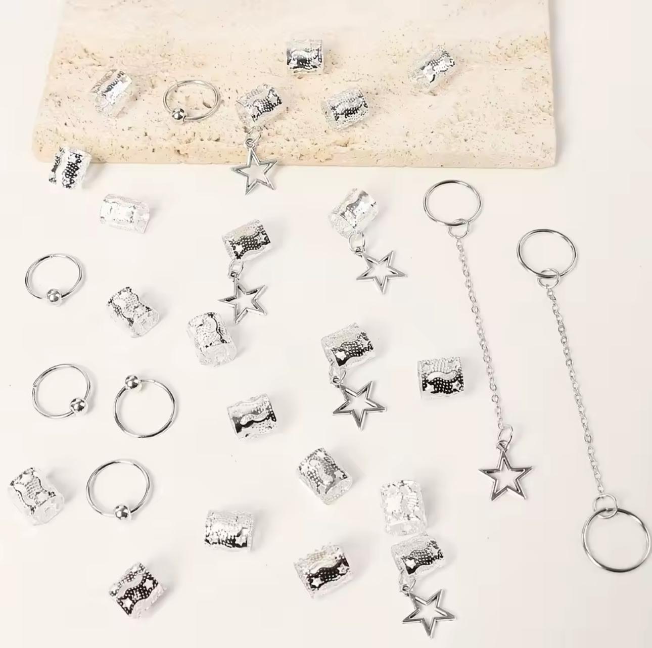 Набор серебряных украшений для кос и дредов кольца и бусины для волос 32 шт.