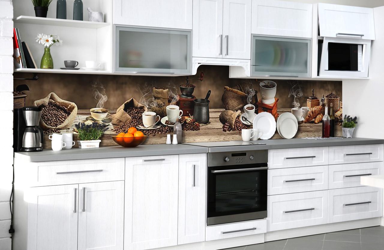 Кухонный фартук Горячий кофе зерна чашки турка из самоклеющейся виниловой пленки 65х250 см Коричневый