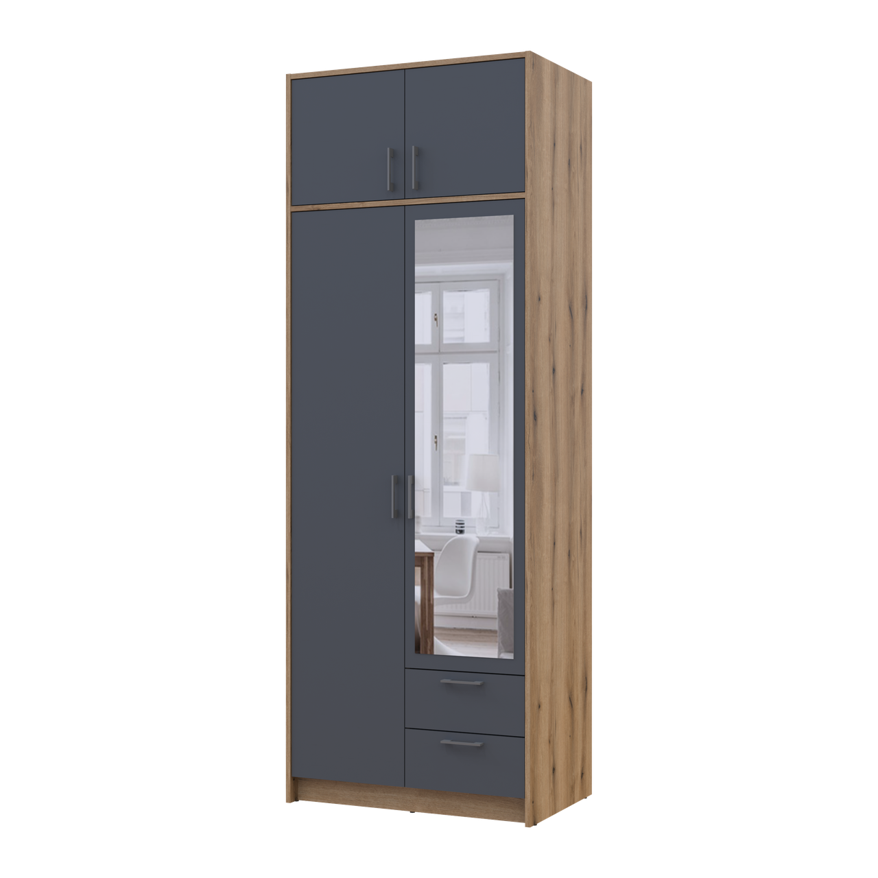 Шкаф для одежды распашный Doros Ронди с антресолей и зеркалом 2ДСП 82х52х236 см Дуб Артизан/Графитовый (80737810)