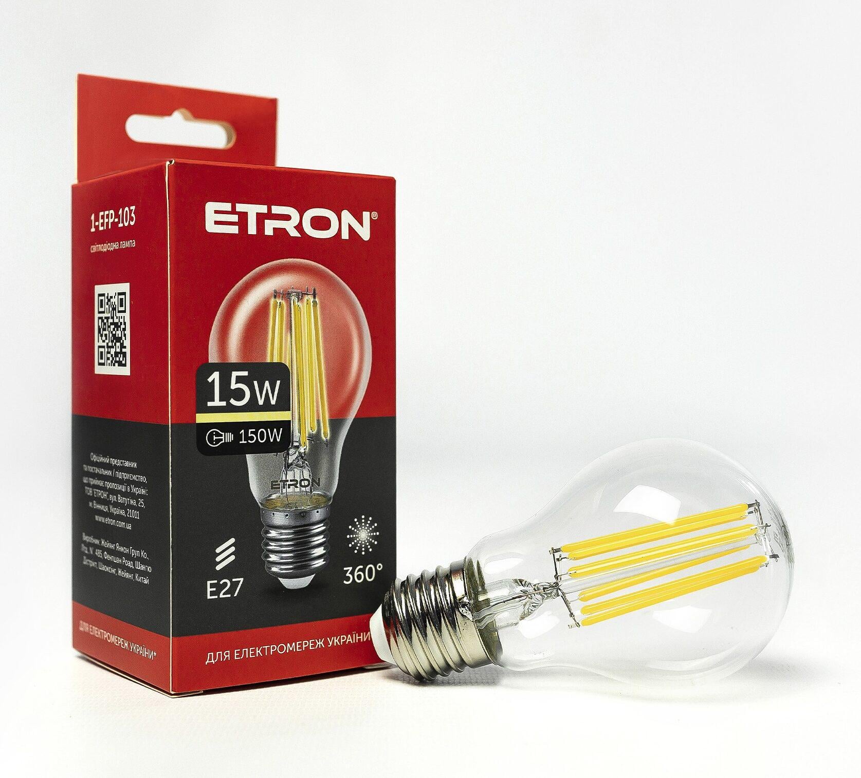 LED-лампа філаментна ETRON прозора A60 15W E27 3000K Теплий білий (1-EFP-103)