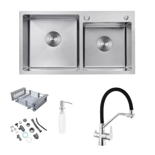 Мойка Kroner -7843ZHM 3,0/1,0 мм две чаши и смеситель кран с подключением к фильтру Kroner-ESG03817BLK