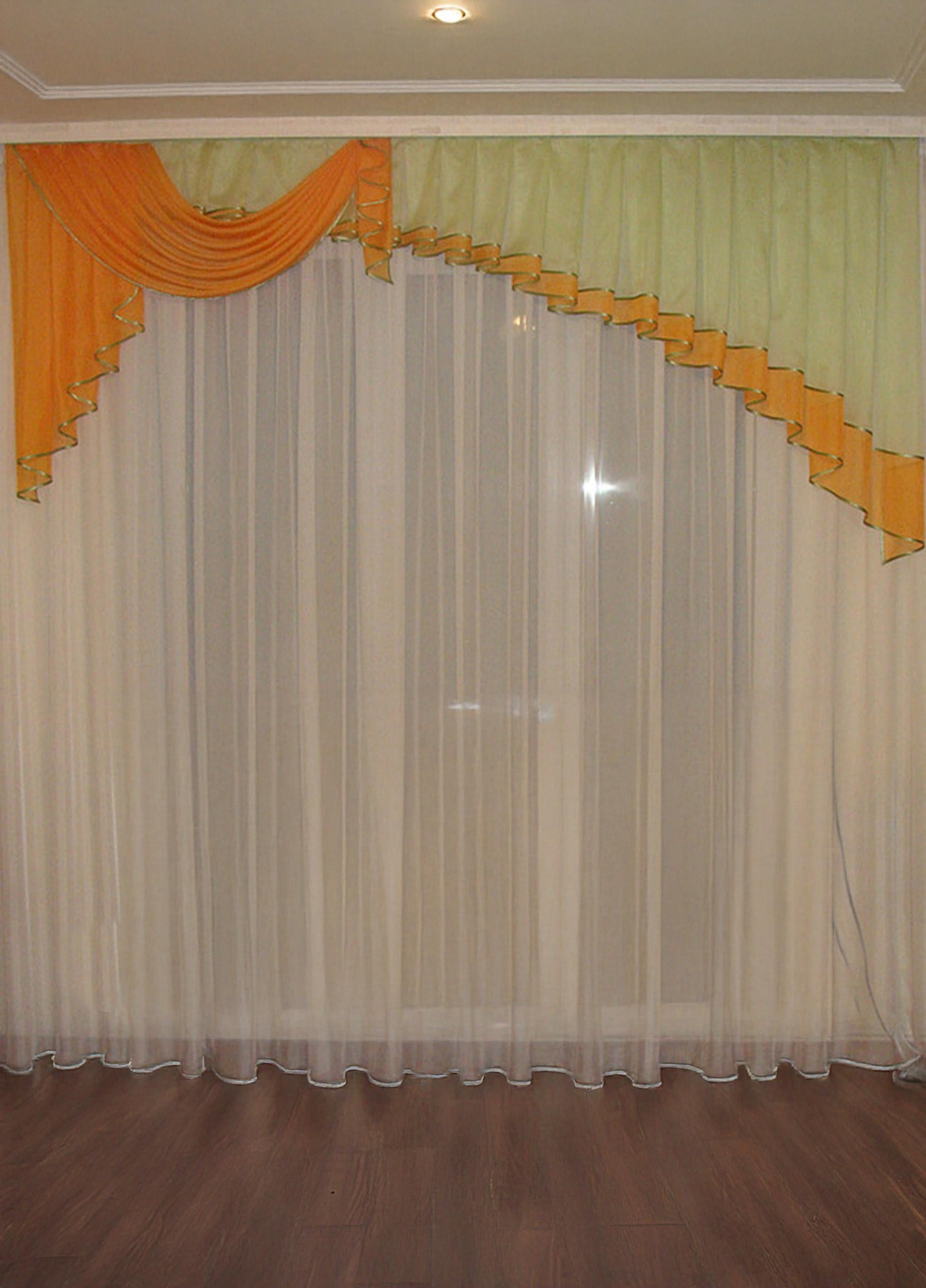 Ламбрекен Firanka Ассиметрия Шифон карниз 250 см Салатовый с оранжевым (20_2,5м)