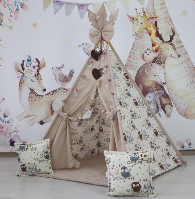 Вігвам дитячий для дівчинки Совуня з матрацом і подушками