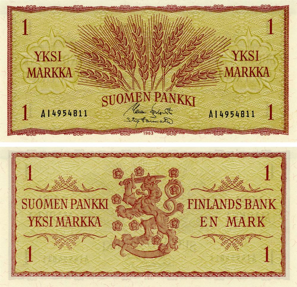 Коллекционная банкнота Финляндия 1 марка 1963 UNC P98 (Б03727)