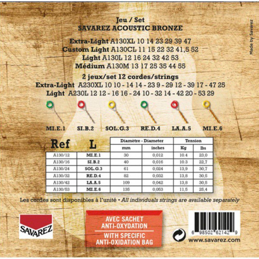 Струны для акустической гитары Savarez 80/20 Bronze A130L 12-53 (124513) - фото 2 Струны для акустической гитары Savarez 80/20 Bronze A130L 12-53 (124513) - фото 2