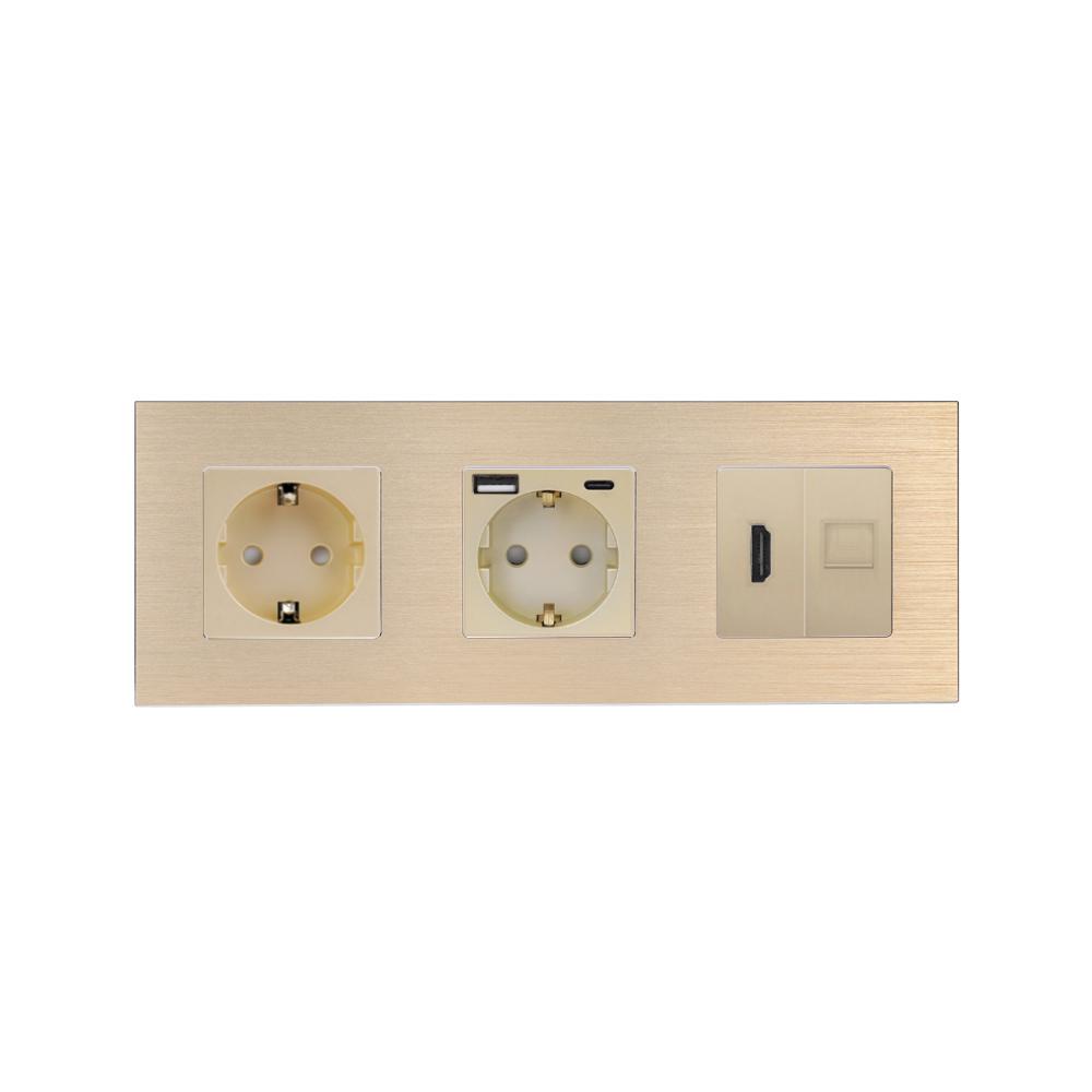 Розетка WALLPAD с USB 20Вт HDMI/интернет RJ-45 с заземлением/шторками 250В 16А алюминиевая рамка Золотой (WP-M3FGACHDMICAT6-GD)