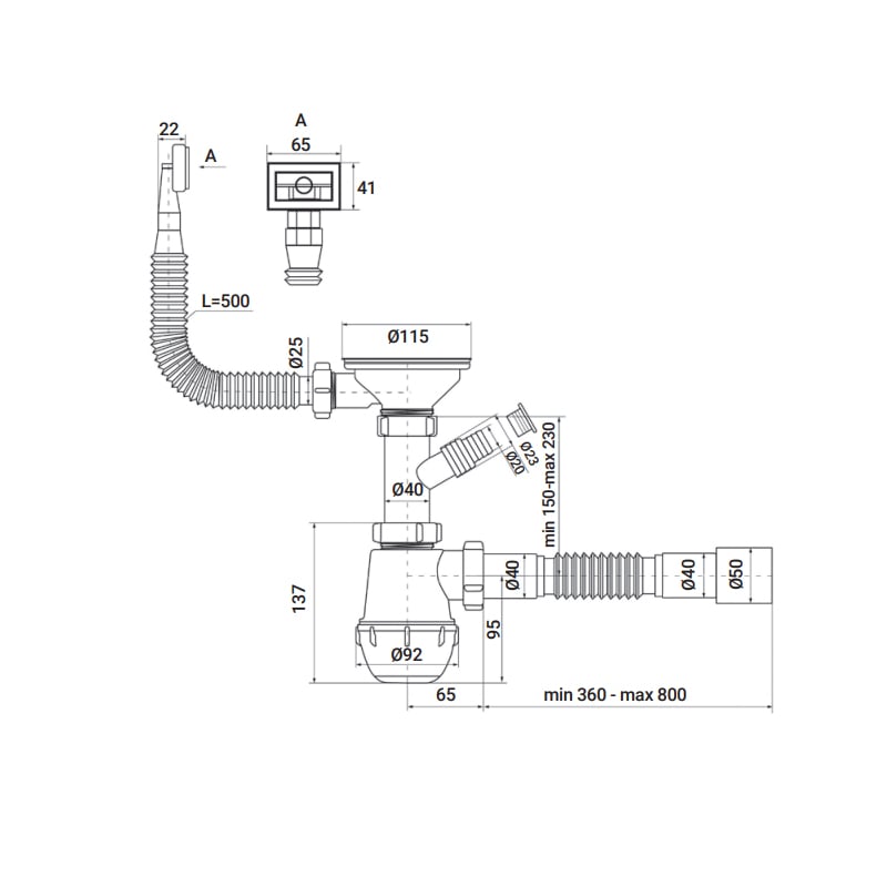 Сифон для кухни Zerix SK-02-B 3 1/2" x 40 мм с резьбовым выпуском и отводом для стиральной машины (ZX4953) - фото 2