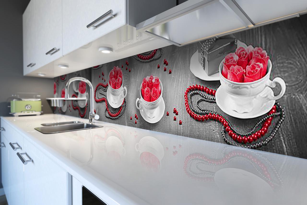 Кухонный фартук Zatarga "Розы и чашки фэшн" из самоклеющейся виниловой пленки 65х250 см Серый