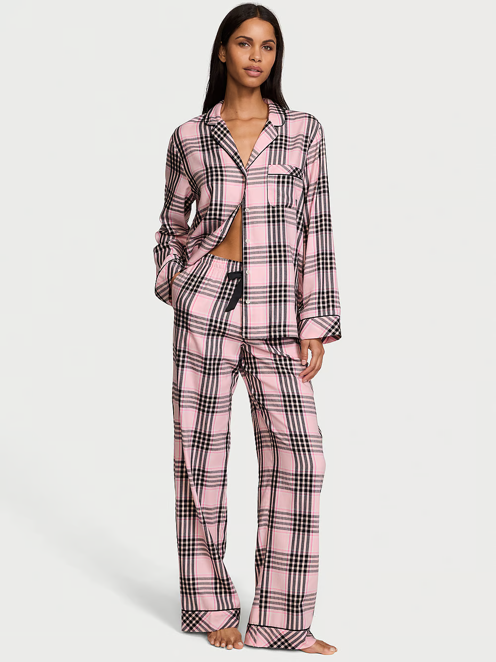 Піжама жіноча Victoria's Secret Flannel Long Pajama Set фланелева у клітинку L Рожевий (21972039)