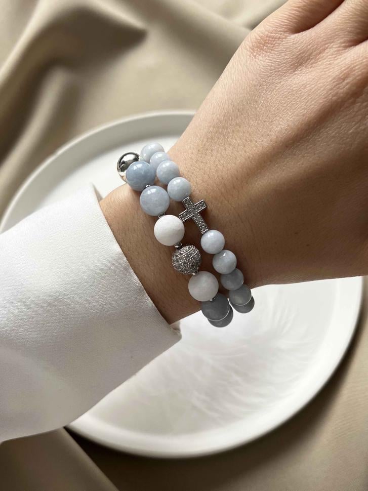 Комплект женских браслетов из аквамарина и нефрита (4624)