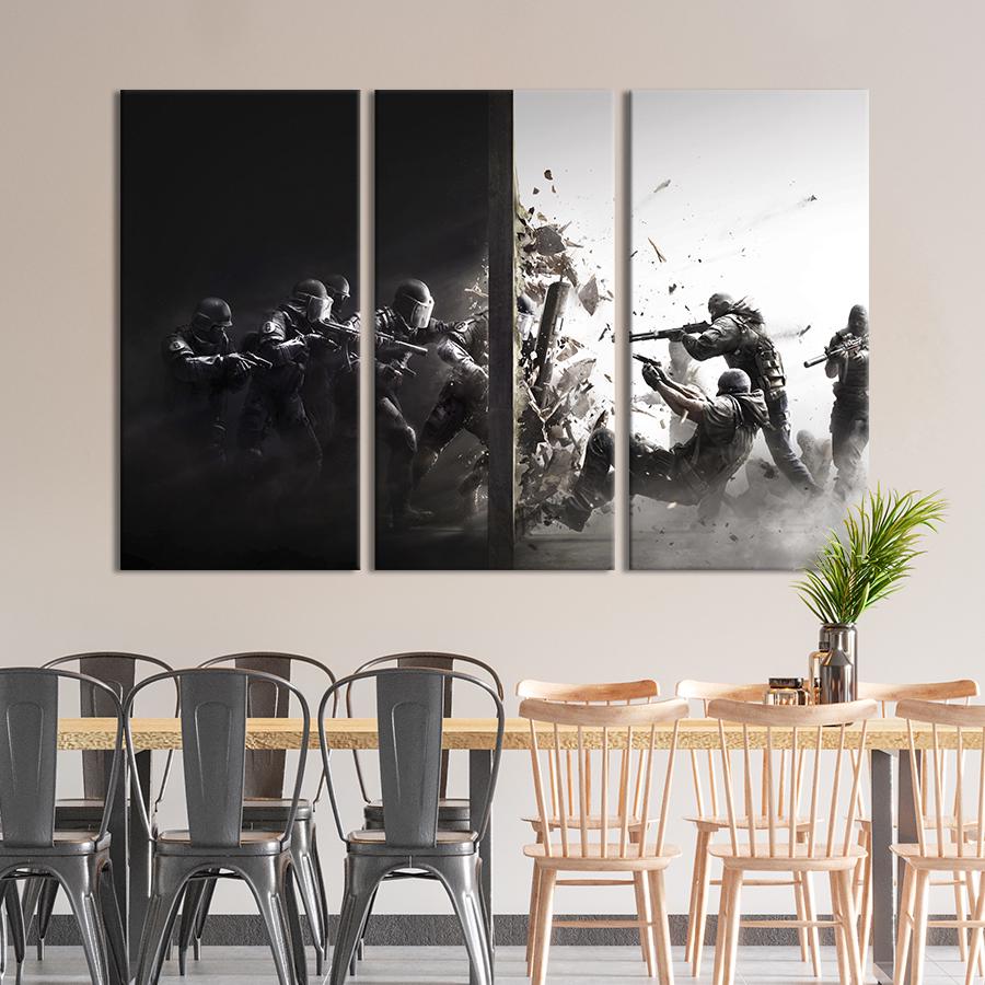Картина на холсте триптих Стильный постер игры Tom Clancy's Rainbow Six Осада 128x81 см (1438-31)