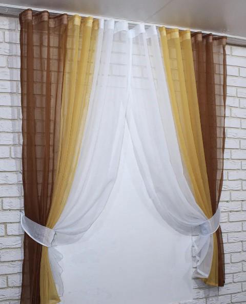 Комплект штор на кухню/балкон с подвязками шифон 300х170 см Коричневый/Янтарый/Белый (054к) - фото 3 Комплект штор на кухню/балкон с подвязками шифон 300х170 см Коричневый/Янтарый/Белый (054к) - фото 3