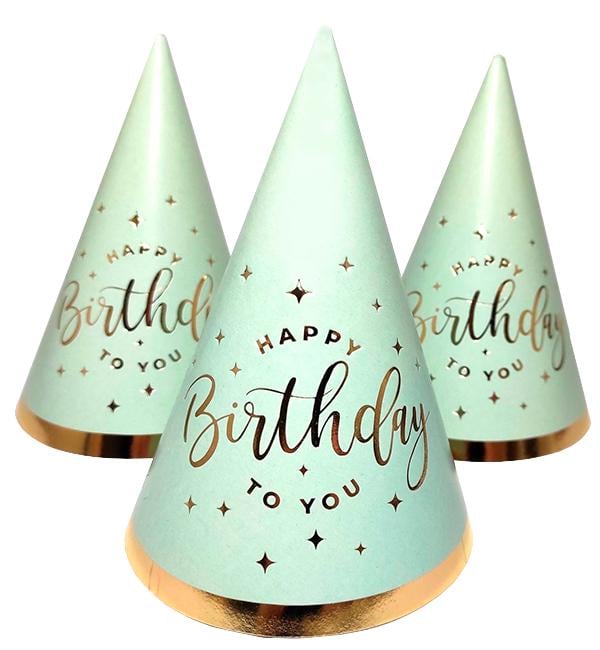 Колпачки бумажные Happy Birthday 15 см 5 шт. Мятный (514015)