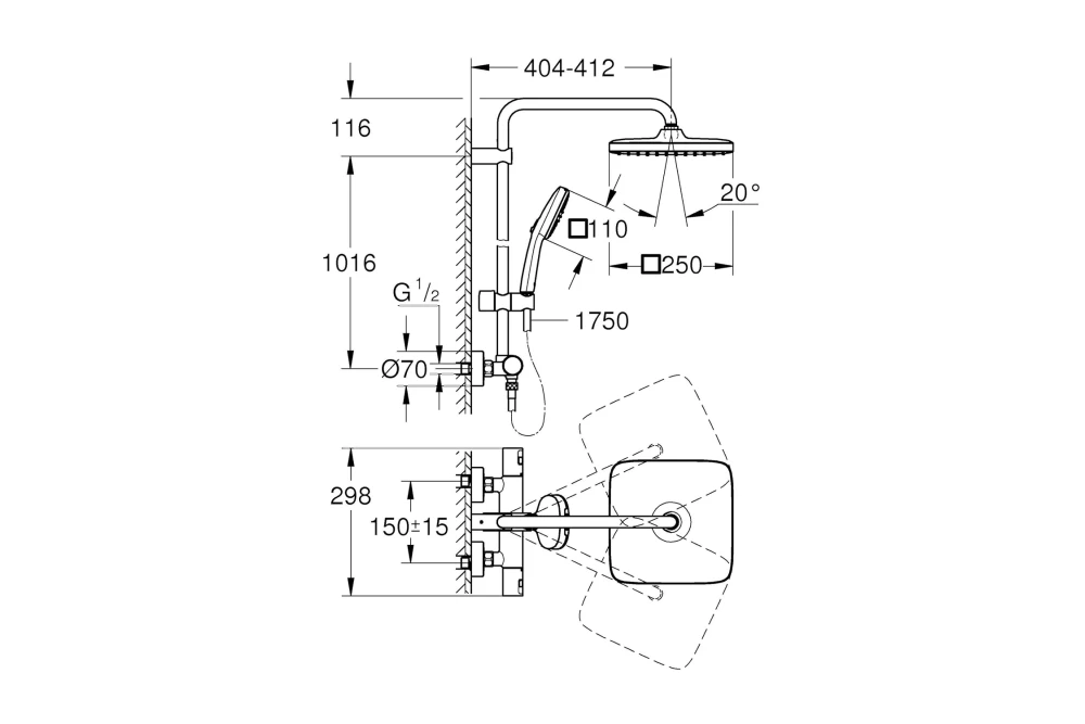 Душова система Grohe QuickFix Vitalio Comfort System 250 Cube 266962431 (22871538) - фото 8
