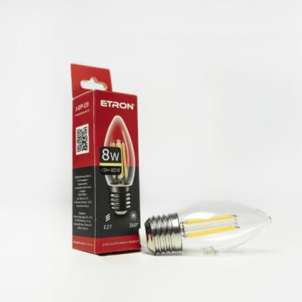 Светодиодная филаментная лампа ETRON Filament C37 8W E27 3000K прозрачная 1-EFP-119 (2221395381)