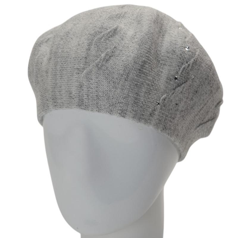 Берет женский осенний двойной Lirus Судьбы с узором и стразами тонкой вязки Светло-серый