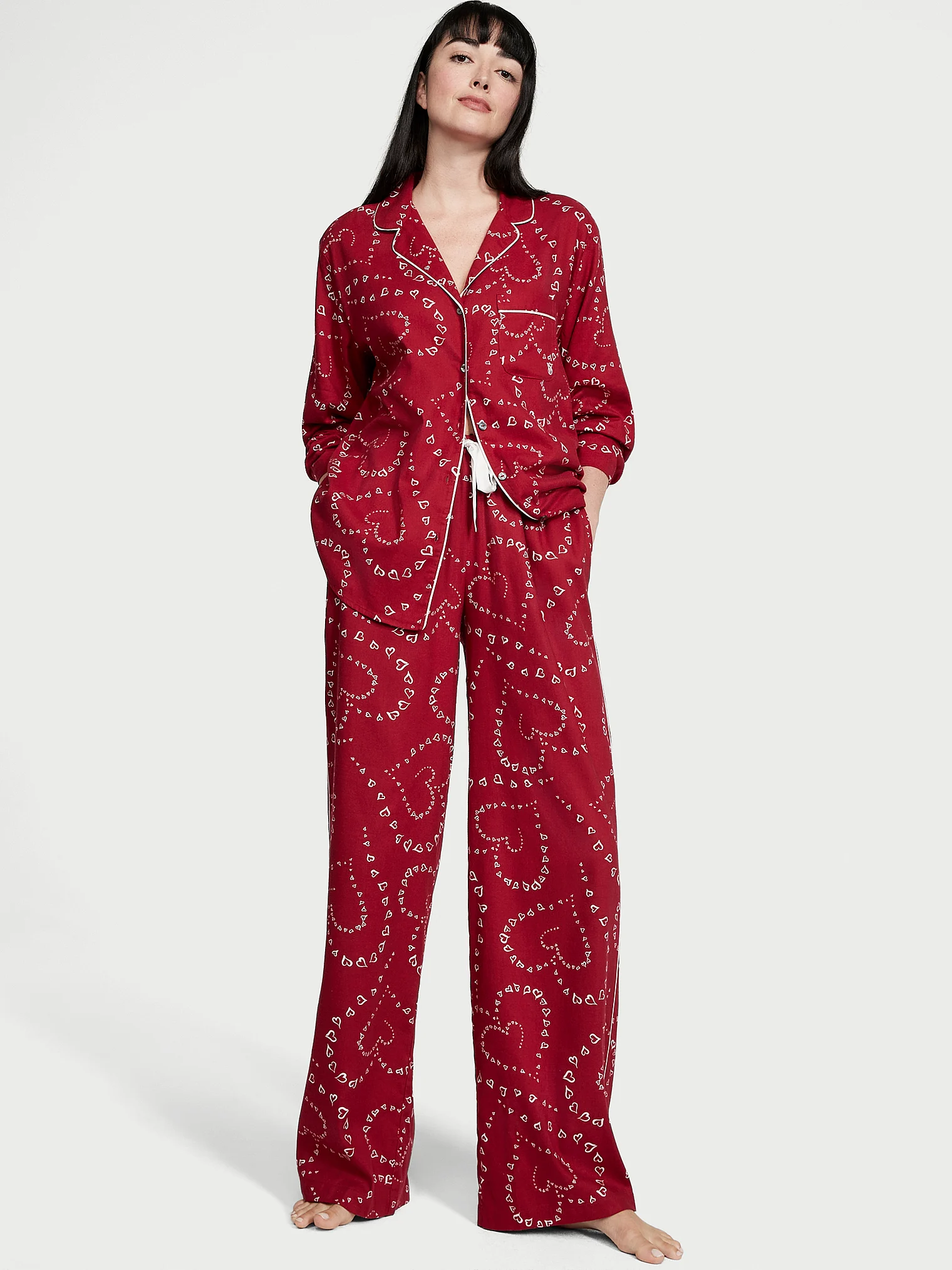 Піжама жіноча Victoria's Secret Flannel Long Pajama Set фланелева в сердечка XS Червоний (17601765)