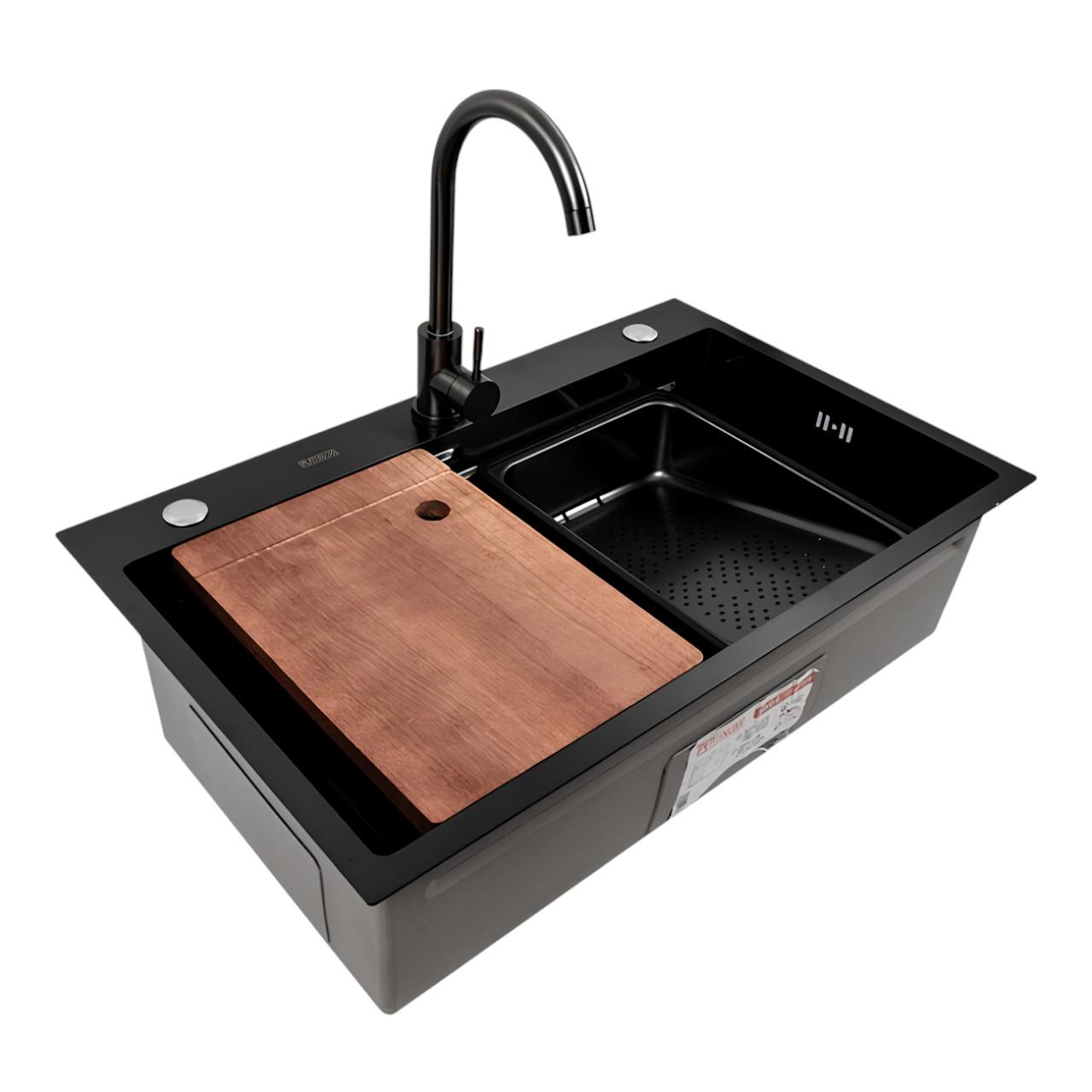 Мийка кухонна Platinum CM 75х46B з вологостійкою дошкою для обробки продуктів та сифоном Чорний (є266)