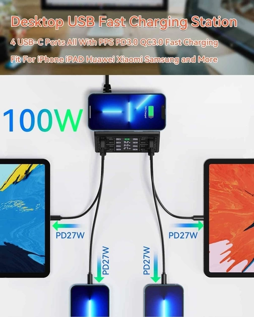 Зарядное устройство беспроводное Asometech 838W/Fast Charger 100W/PD 27W/QС 18W Black (54262) - фото 3