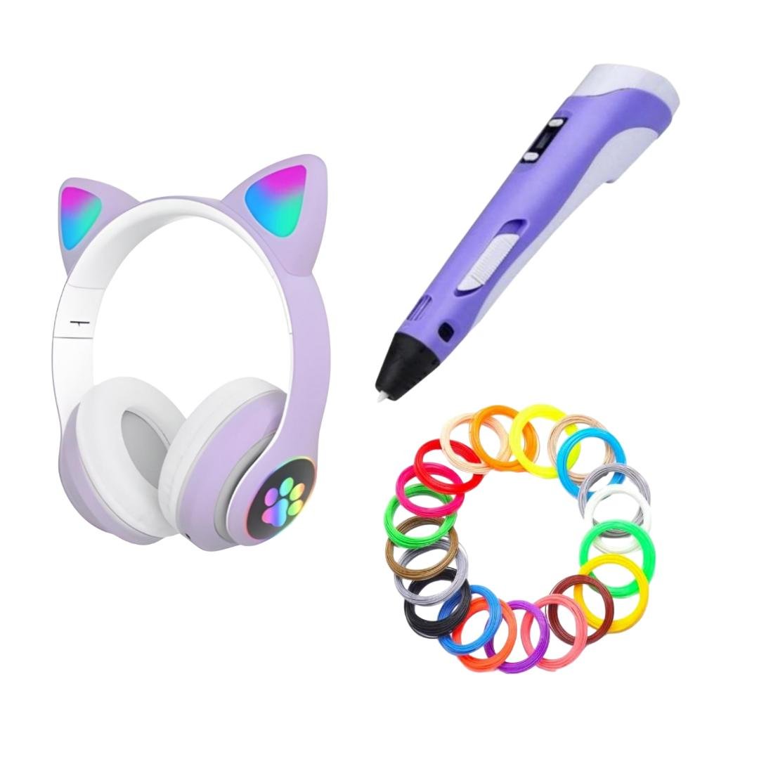 Комплект дитячий STN-28 навушники з котячими вушками/3D-ручка для малювання/пластик 100 м Різнокольоровий/Фіолетовий