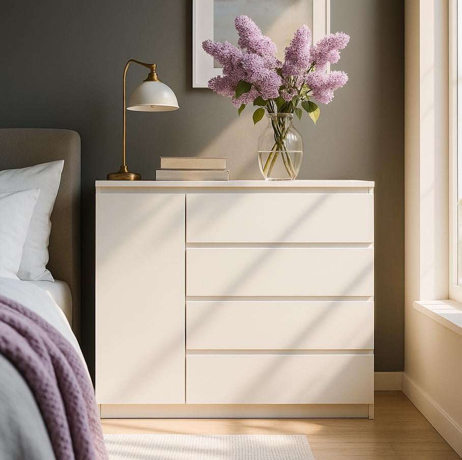 Комод Мастер Форм Брайт ДСП 4/1 левосторонний телескопические направляющие 1000х376х950 мм Белый Комод Мастер Форм Брайт ДСП 4/1 левосторонний телескопические направляющие 1000х376х950 мм Белый