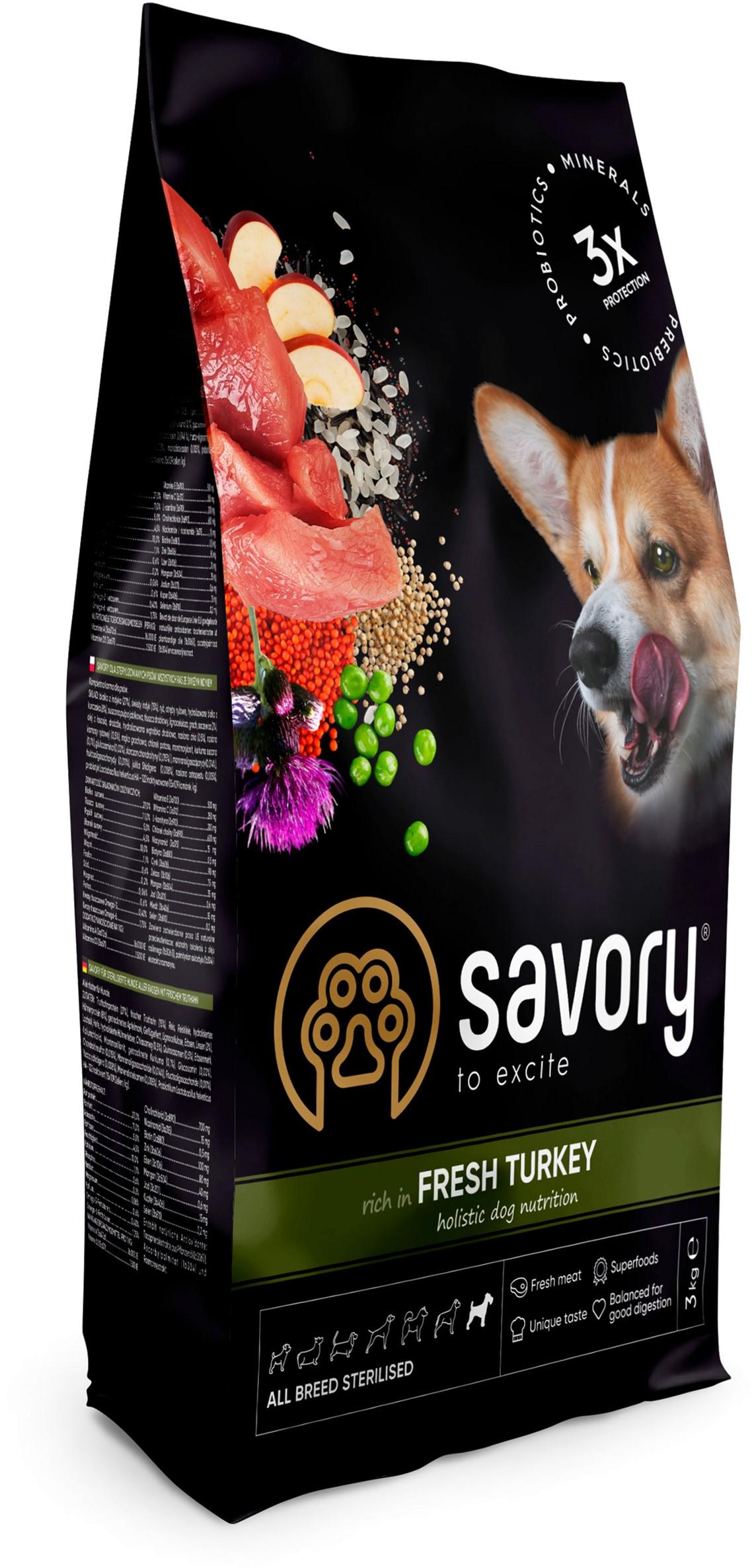 Корм сухой для стерилизованных собак Savory All Breed Sterilised rich in FreshTurkey со свежим мясом индейки 3 кг (4820232631508)