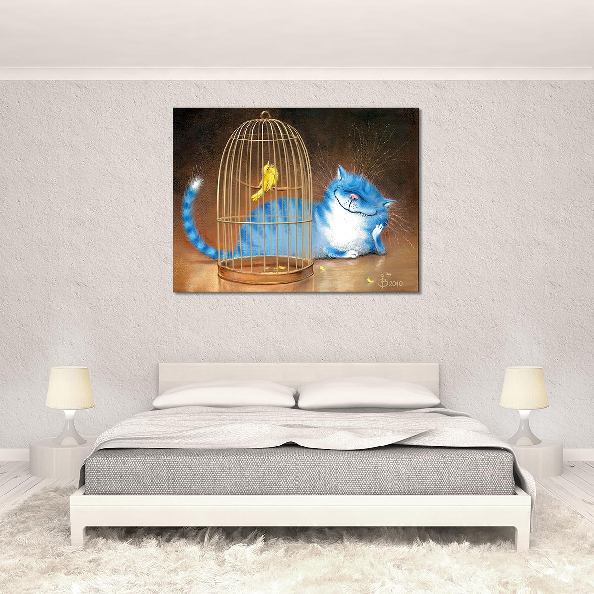 Модульная картина Кот и канарейка в клетке 1 модуль 30х45 см