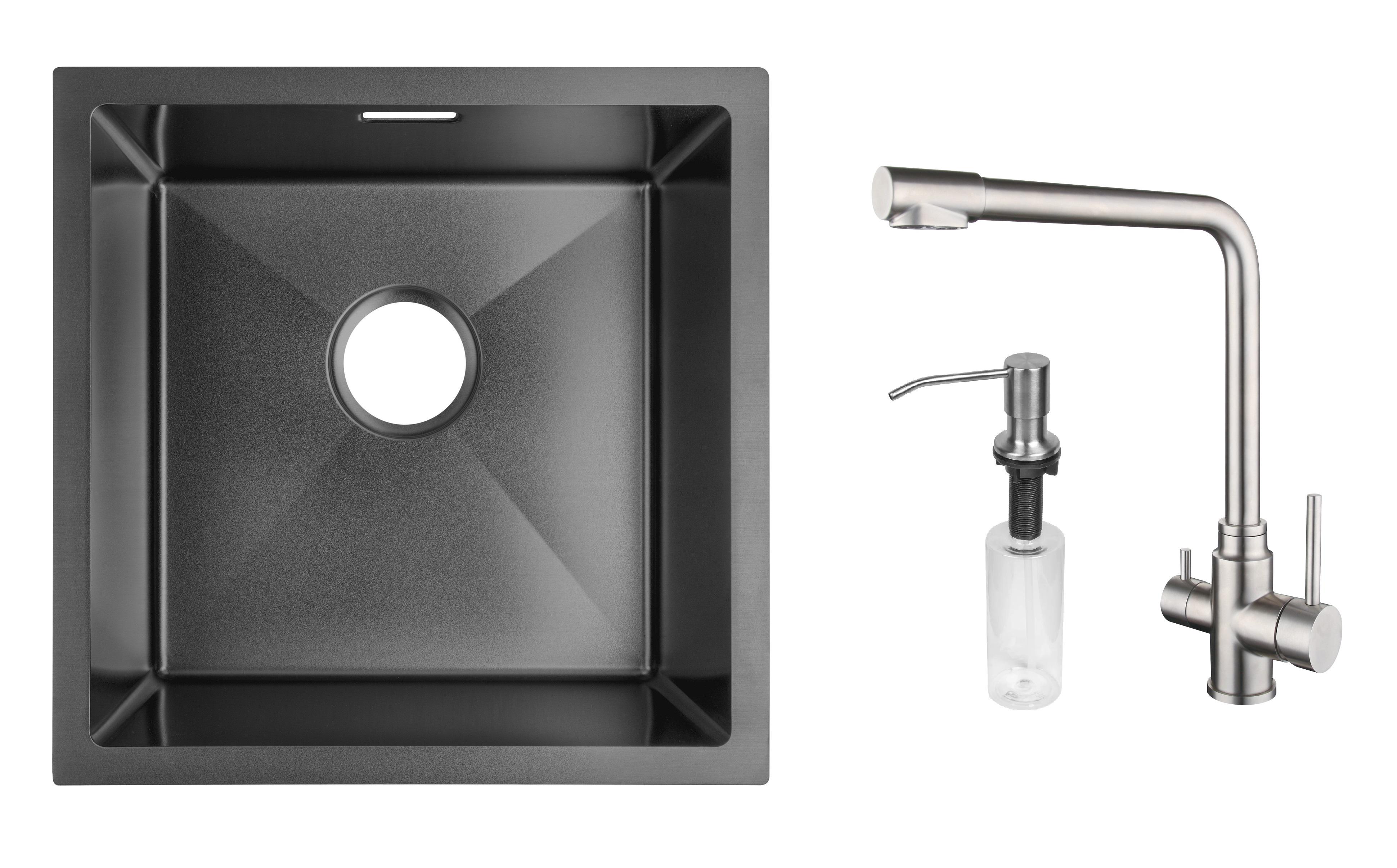 Комплект з кухонної мийки Gunter&Hauer Olef 4522 Black кухонного змішувача Gunter&Hauer LUFT Br та дозатора Gunter&Hauer Soap Dispenser Inox