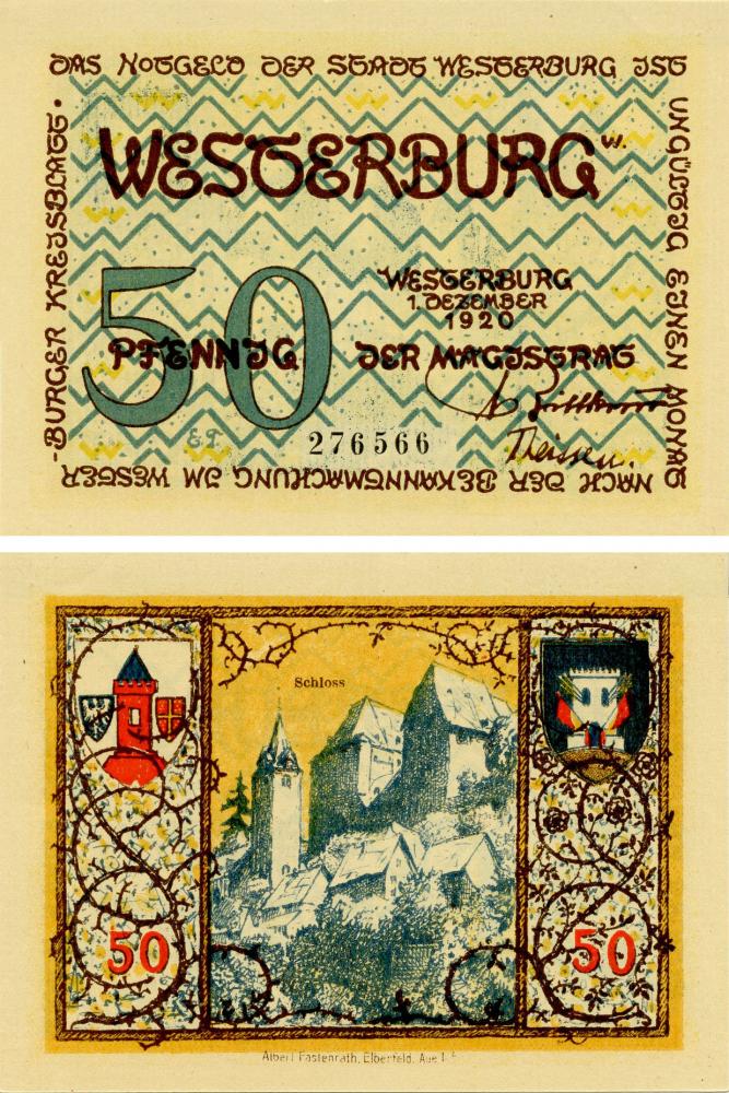 Коллекционная банкнота Германия Нотгельд 50 пфеннигов 1920 F-VF Вестербург-schloss (Б16101)
