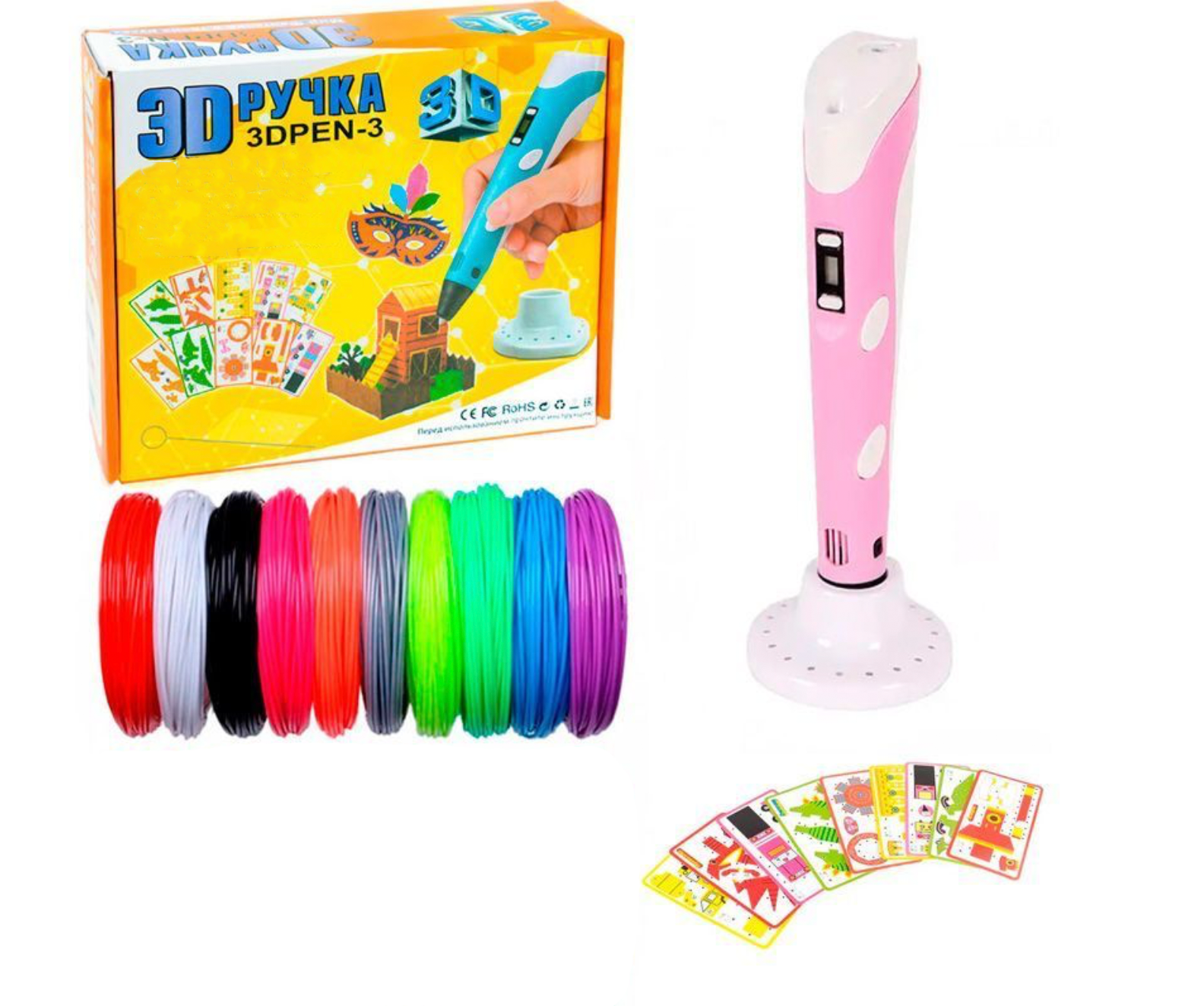 3D-ручка с LCD дисплеем трафаретами и 50 м разноцветного пластика Розовый (Е500188)