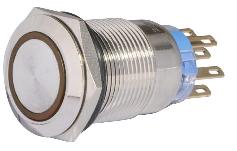 Кнопка TYJ 19-372 металлическая плоская с фиксацией 2NO+2NC с подсветкой 220V Желтый (A0140010121)