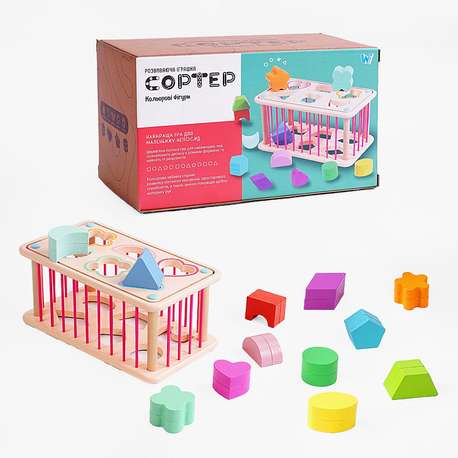 Логічна гра WToys C 60434 2 геометричні сортери/стінки з гумок/12 дерев'яних фігурок (136980)