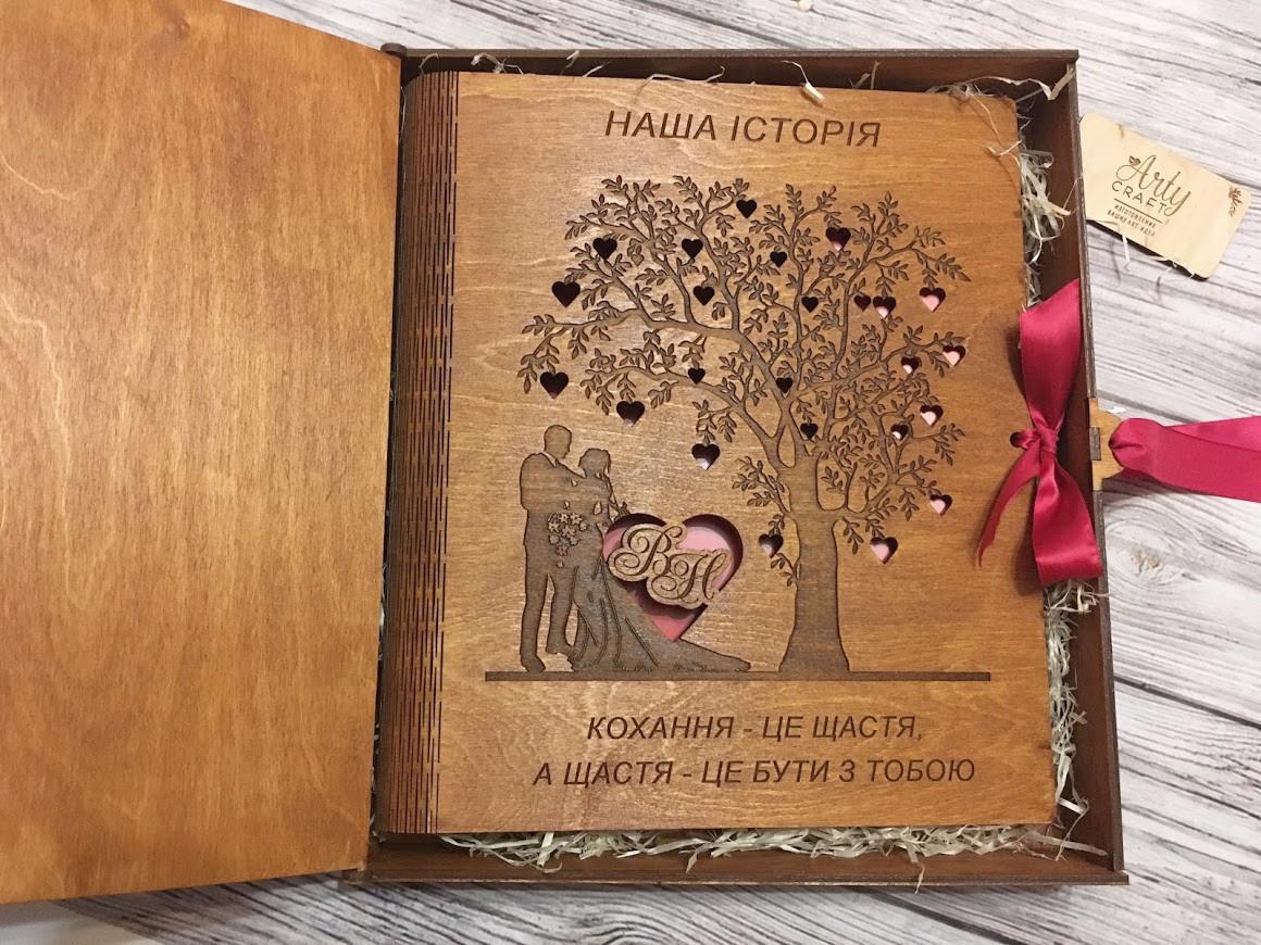 Фотоальбом в деревянной обложке с гравировкой "Наша історія" с инициалами в подарочной коробочке А4 или 31х24 см Ореховое дерево (1514)