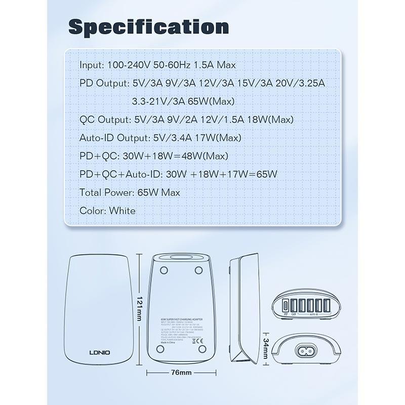 Пристрій мережевий зарядний LDNIO A6573C PD/QC30 5хUSB-A/1хType-C 65W - фото 10