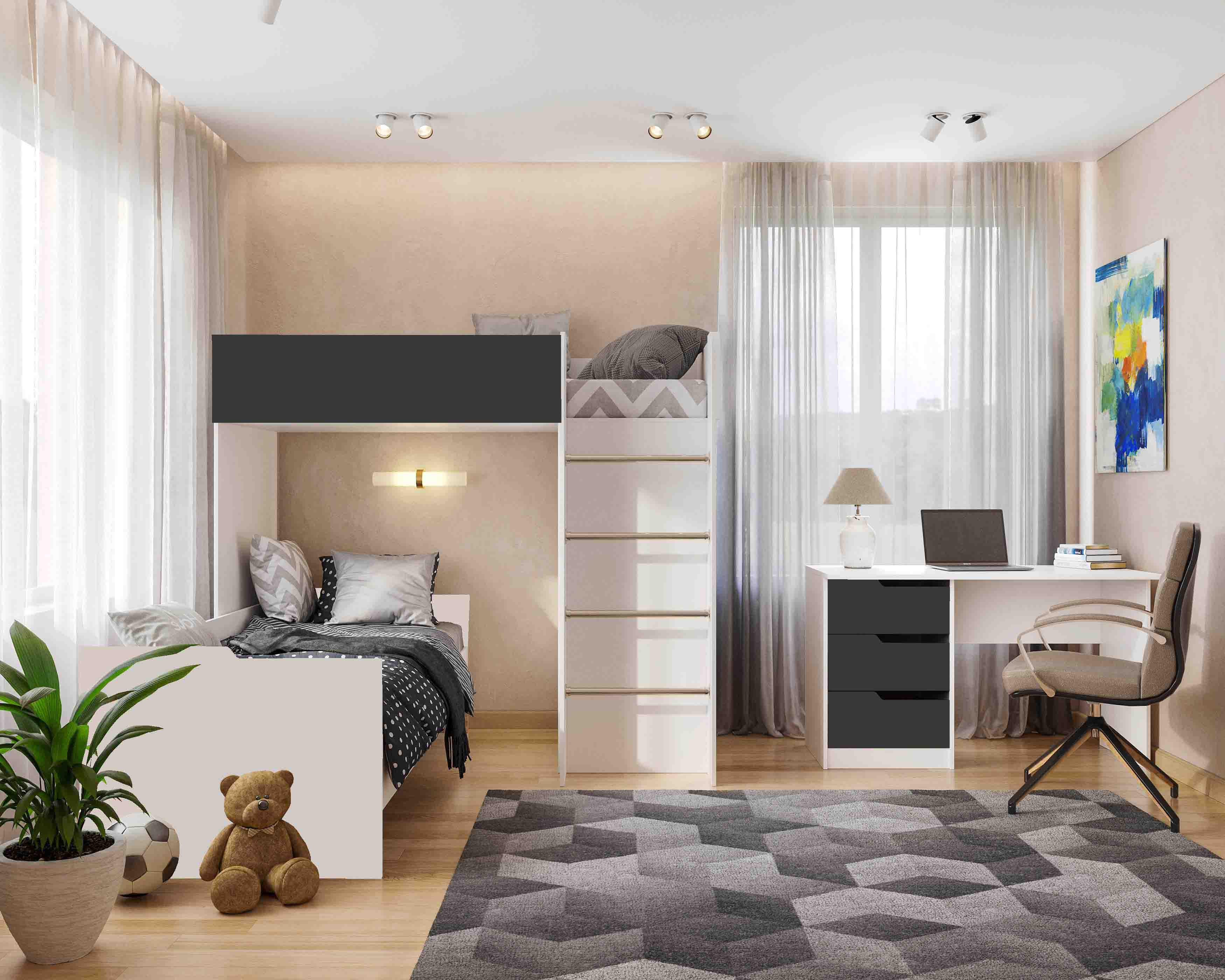 Комплект для детской BED-ROOM 3 две кровати/шкаф и письменный стол 1940x1020x1690 мм Белый/Графит