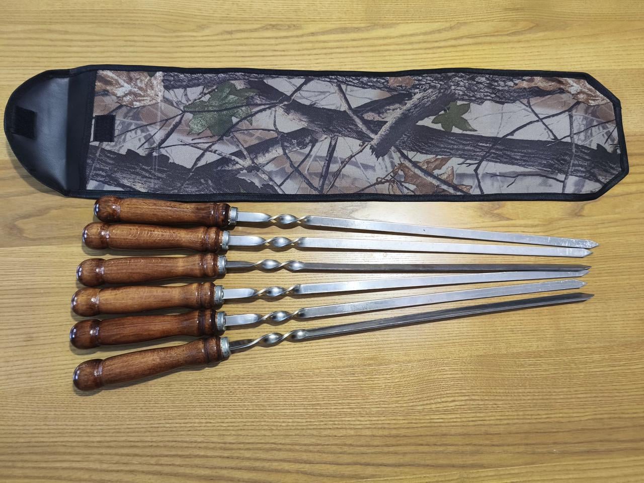 Набор шампуров в чехле из деревянной ручкой из нержавейки 3 мм 61 см 6 шт.