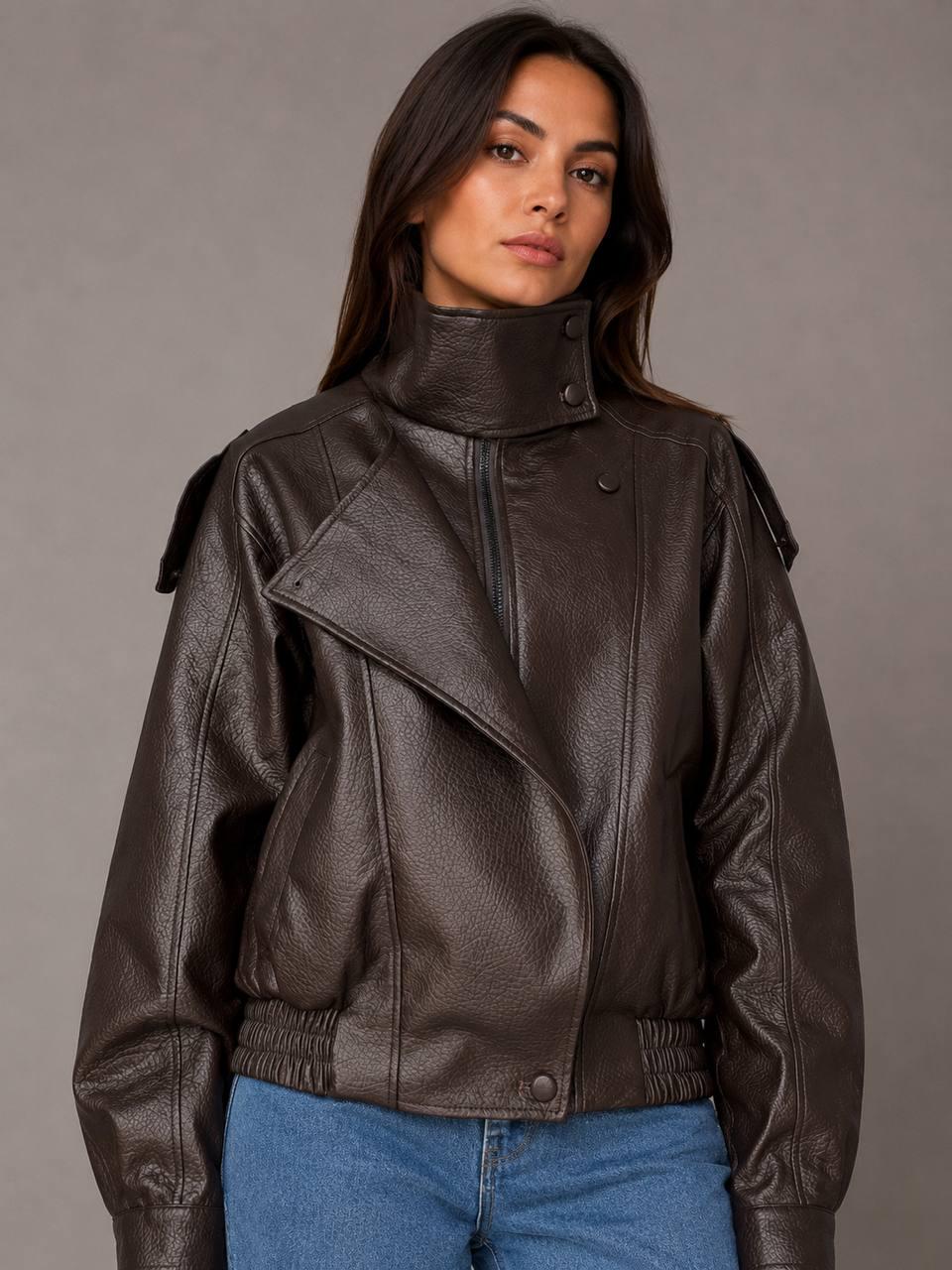 Куртка женская Lady Yep 30581 из экокожи косуха оверсайз S Коричневый (7584)