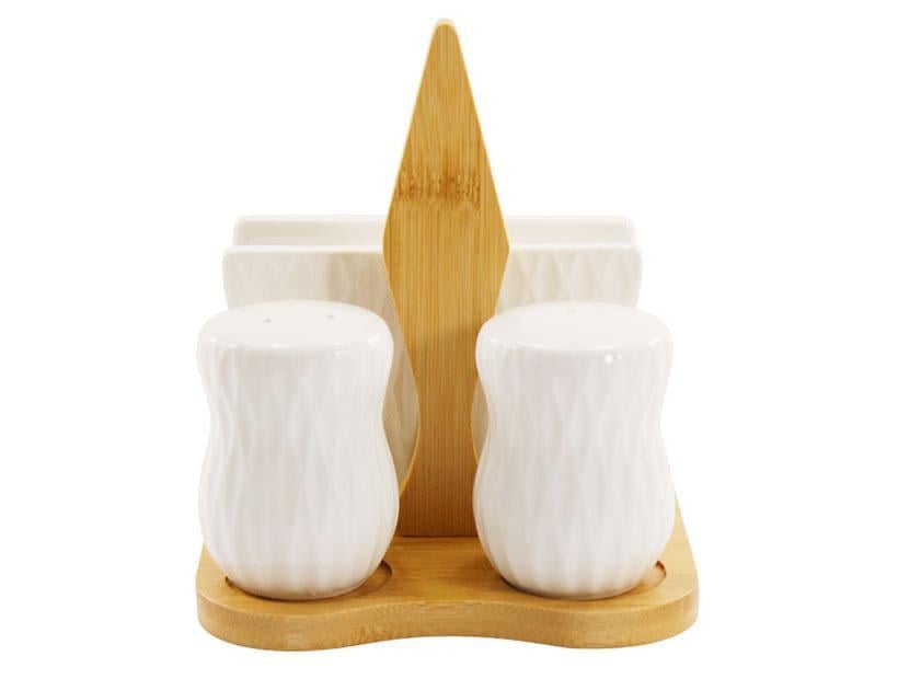 Набор емкостей для специй фарфоровых Grazie и салфетница на деревянной подставке 3 пр. Белый (PJ03806)