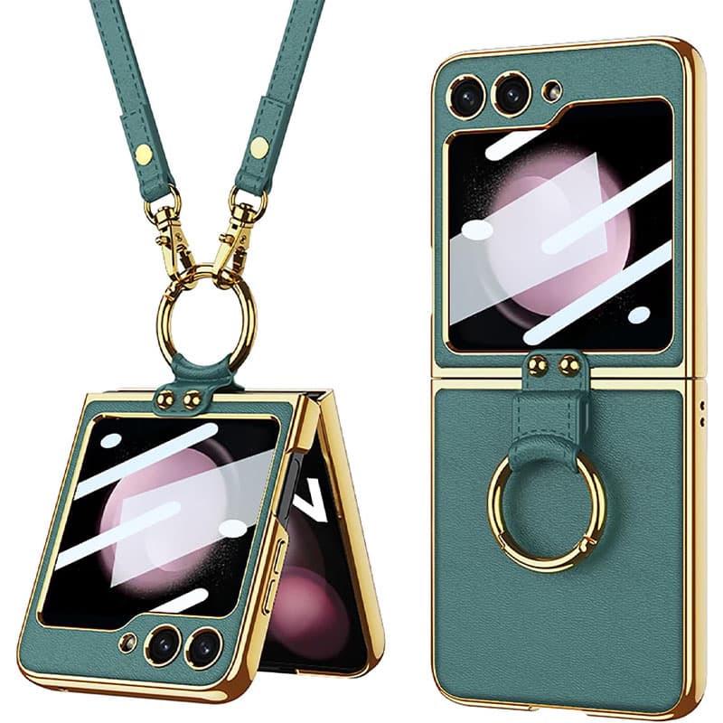 Противоударный кожаный чехол GKK with ring and strap для Samsung Galaxy Z Flip5 Forest Green