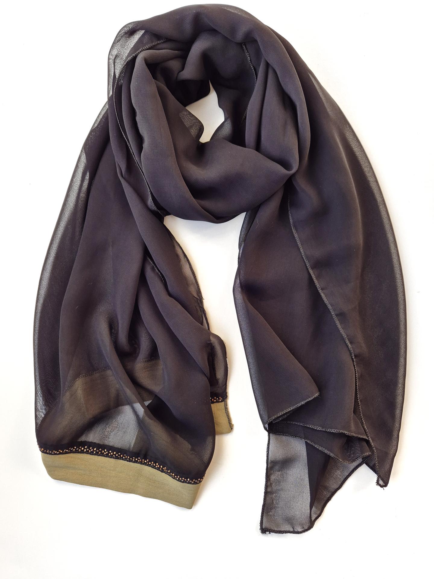 Шарф-палантин женский с зеленой полоской и камешками весна-осень 172х71 см Черный (15604)