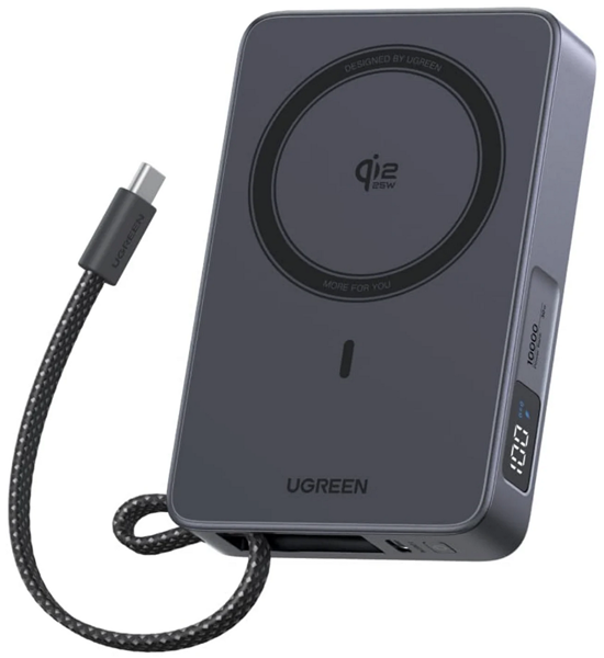 Повербанк UGREEN MagFlow 10000 mAh Qi2 25W со встроенным кабелем и дисплеем White