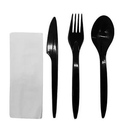Набір одноразових столових приладів преміум виделка/ніж/ложка/серветка 200 шт. Чорний (DF-0016)