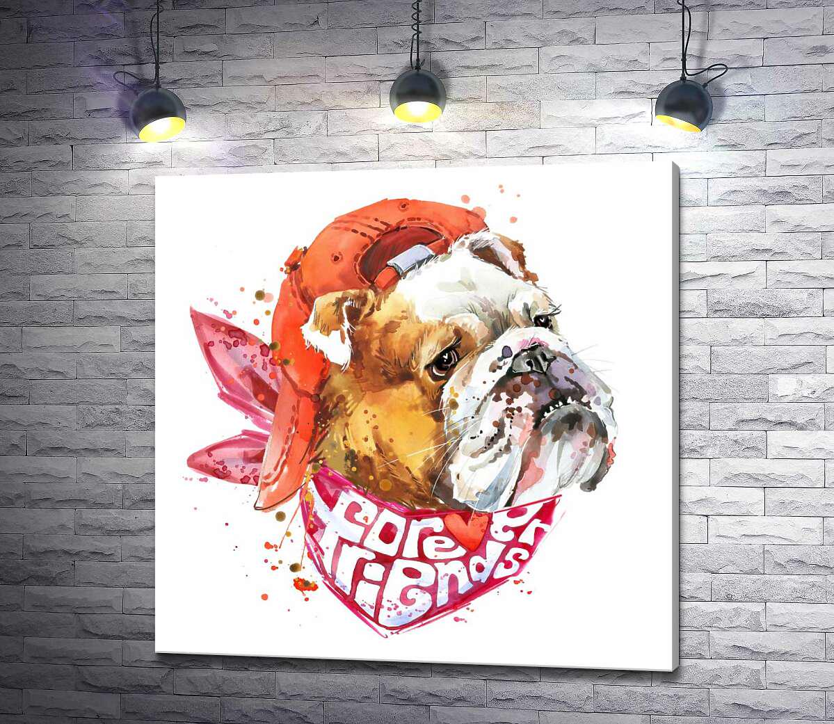 Картина ArtPoster Английский бульдог в красной кепке и платке с надписью "forever friends" 100x100 см Модуль №1 (001480)