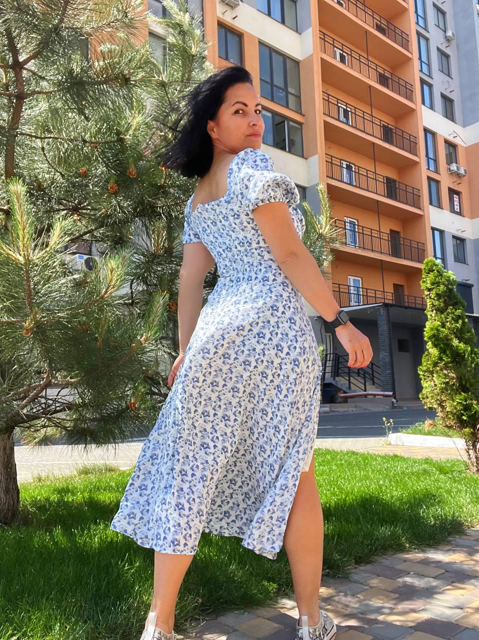 Платье женское летнее A-N 2669 цветочный принт разрез шнурок на груди длинное M Голубой (2044) - фото 4