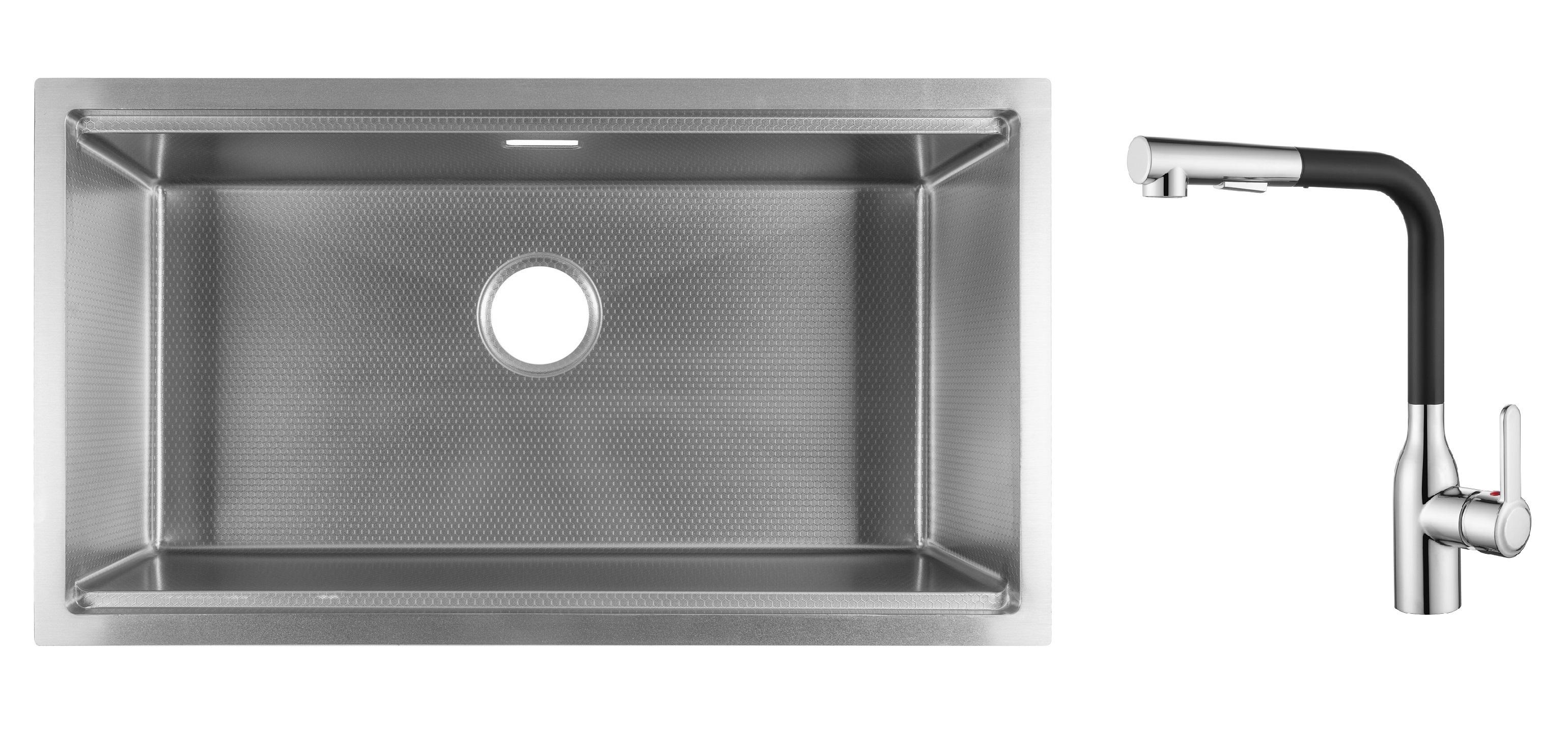 Комплект из кухонной мойки Gunter&Hauer Federbach 8022 Inox Honey и кухонного смесителя Gunter&Hauer DUNKEL Cr-Bl