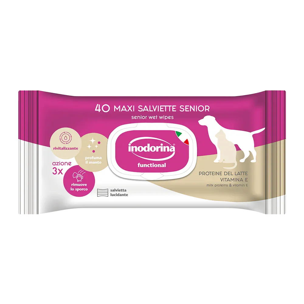 Вологі серветки для кішок та собак похилого віку Inodorina Functional Del Latte Vitamina E з молочними протеїнами та вітаміном 40 шт.