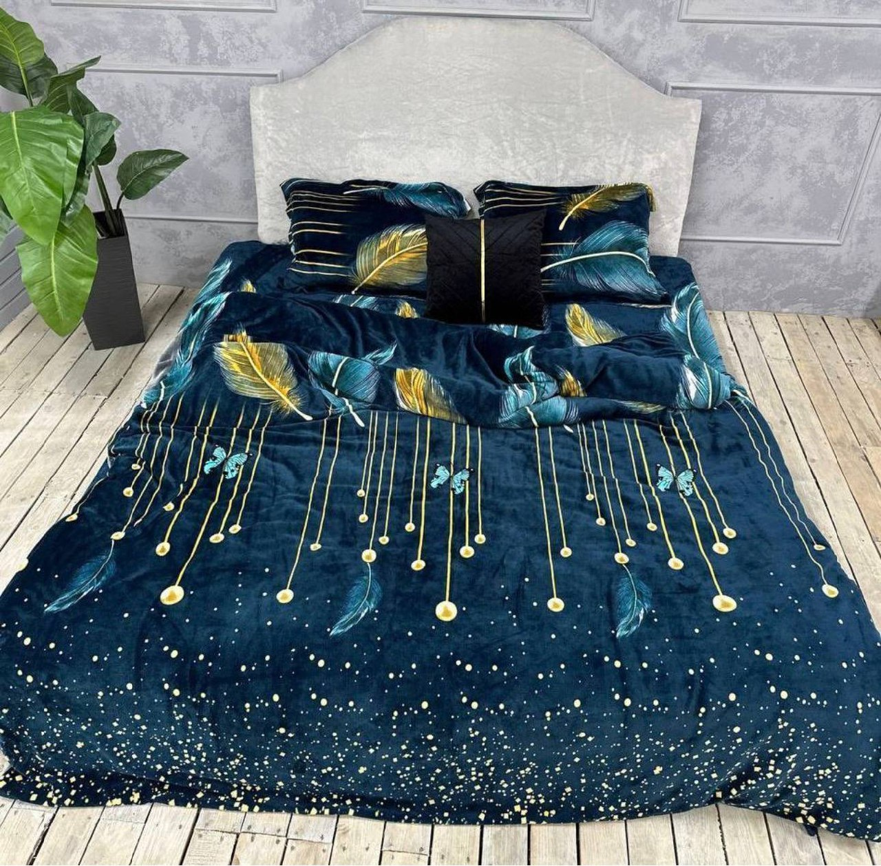 Постільна білизна плюшева мікрофібра пухнаста полуторний 50х70 см Темно-Синій із жовтим