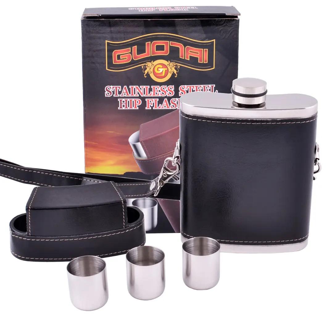 Фляга TD9 266 мл в коже 3 стопки 10 мл в крышке Black (F_BZ-9)