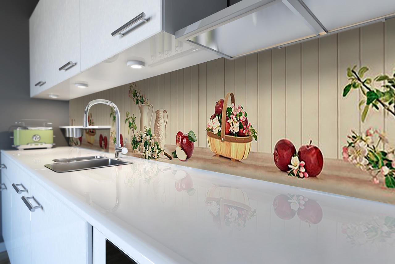 Кухонный фартук Яблоки и цветы из самоклеющейся виниловой пленки 60х250 см Бежевый